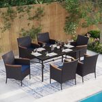 MFSTUDIO 7 Pieces Outdoor Patio Dining Set for 6, Outdoor Wicker Dining Furniture Set with 6 Rattan Chairs and Rectangular Metal Table, Outdoor Table Set for 6 and Wicker Dining Chairs