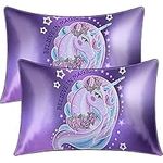 BlessLiving Satin Pillowcase for Hair and Skin Purple Unicorn Silk Pillow Shams with Envelope Closure Set of 2 Pack Slip Pillow Cases for Girls Women Gifts (Queen(20''x30''))