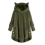 Lazzboy Hoody Womens Pullover Cat Ear Hat Teddy Fleece Solid Casual Loose Irregular Hem Sweatshirt Shirt Blouse Jumper Pajamas Tops (UK 12,Green)