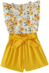 KIDLAGA Kids Toddler Girls Clothes Outfits Floral Print Ruffle Sleeveless Top Belted Shorts Set Summer Clothing Set, Yellow, 7-8 Years