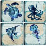 Navy Blue Ocean Animals Wall Art Nursery Room Beach Decor Sea Turtle Octopus Jellyfish Fish Canvas Pictures Living Room Paintings Tropical Artwork for Kids Bedroom Bathroom Home Decoration 16x16” 4Pcs