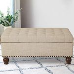 Asense Fabric Rectangle Tufted Lift Top Storage Ottoman Bench, Footstool with Solid Wood Legs, Nailhead Trim (Beige)