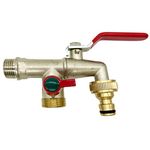 iBamso 1/2'' Brass Double Water Tap with 1 Hose Connectors, Rust and Antifreeze Double Output Garden Tap, Double Output Multi-Function Faucet Controlled by Two switches for Garden/Washing Machine