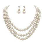 Rosemarie Collections Women's Multi Strand Classic 8mm Faux Pearl Necklace and Earrings Jewelry Set, 16"+3" Extender, Glass, Created Pearl Crystal