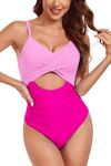 Vozobi Women's One Piece Swimsuits Tummy Control Cutout High Waisted Bathing Suit Wrap Tie Back 1 Piece Swimsuit Pink Rose
