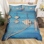 Loussiesd Ocean Bedding Set Blue Wooden Fish Duvet Cover For Kids Child Teens Fishing Net Comforter Cover Quilt Cover 3Pcs King Size Boys