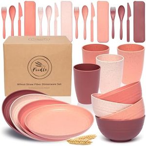 FOODLE Wheat Straw Dinnerware Sets for 4 - Lightweight & Unbreakable Dishes - Microwave & Dishwasher Safe - Toddler & Kids Plates and Bowls Sets - College Dorm Room Essentials for Girls