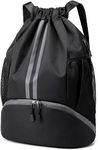 Leosportz Sports Drawstring Bag Backpack for Men Women - Basketball Bag Gym Backpack Dedicated Shoe Compartment | Waterproof Large Space Gym Bag (Drawstring, Black, 22 liter)