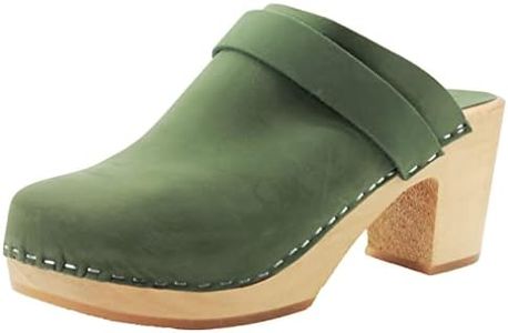 Bjork Women's Mid-Heel Wooden Leather Clog Sandals, Tia - Forest, 10