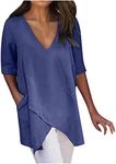 Womens 3/4 Sleeve Tunic Tops V Neck Loose Fit Asymmetrical Shirts Linen Oversized Blouses Fashion 2024 Top Navy