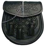 Kilt Sporran Celtic Embossed Black Leather Latch PIN Detail and Chain for Kilts