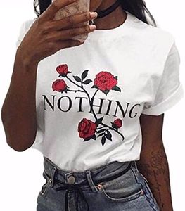 BLACKMYTH Women Summer Nothing Rose Print Short Sleeve Top Tee Graphic Cute T-Shirt White Medium