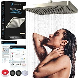 SparkPod 12 Inch Rectangle Rain Shower Head - Ceiling or Wall Mount Rainfall Shower Head - Large Coverage Showerhead - Brass Ball Joint with 360° Adjustment - 1-Min Install (Elegant Brushed Nickel)