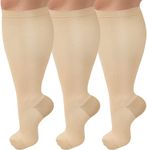 3 Pack Plus Size Compression Socks for Women & Men, 20-30 mmhg Extra Wide Calf Knee High Stockings for Circulation Support(3 Pack Nude, XX-Large)