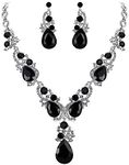 BriLove Women's Wedding Bridal Crystal Multi Teardrop Cluster Statement Necklace Dangle Earrings Set Black Silver Tone