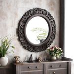 THE URBAN STORE Decorative Hand Crafted Wooden Round Shape Vanity Wall Mirror for Living Room, Bathroom, Bedroom (16" x 16” Inches)