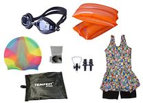 TEMPEST Girls's Swimming Kit 1 Printed Swimming Costume | Printed Swim Suit | Swimwear | Swimming Dress Goggles Cap Ear Plug Nose Clip Swimming Floater and KIT Bag (Multicolor, 3 Years - 4 Years)