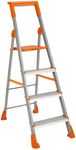 Amazon Basics Clamber Pro+ - Foldable Step Ladder with Tool Tray, Firm Grip, 4 Steps (Aluminium Steps, Orange & Satin)