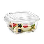 Borosil Klip N Store Glass Storage Container For Kitchen With Air-Tight Lid, Microwave & Oven Safe, Square, 520 ml, Clear