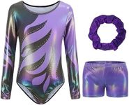 Hovershoes Gymnastics Leotards for Girls Long Sleeve Bodysuit Sparkle Gradient Colorful Diamond Ballet Dancing Leotard Tumbling Shorts for Kids Teens Athletic Dancewear