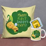 TIED RIBBONS Gift for Fathers Day from Daughter Son - First Fathers Day Printed Cushion with Filler (12 x 12 Inch) Coffee Mug (325 ml) and Greeting Card