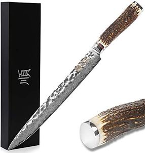 SUNLONG Sashimi knife 10 inch - Slicing and carving knife - Super sharp - Japanese hammered Damascus steel - Natural antler handle