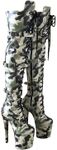 denova's Women's Patent Very High Heel Lace Up Platform Pole Dance Over-the-Knee Thigh High Boot with Zipper, Camouflage, 5