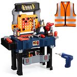 Deejoy Kids Tool Bench with Clothe, Toy Workbench with Realistic Tools and Electric Drill, Transformable Kids Tool Set, Toddler Tool Bench Pretend Play Learning Gift for Boys & Girls Age 3-5