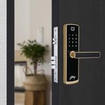 Godrej Smart Lock I Catus Connect I Digital Lock for Wooden Door | 5 in 1 Access I WiFi I Fingerprint I RFID Card I PIN Access I Mechanical Key I 3 Strong Locking Dead Bolts I Champagne Gold