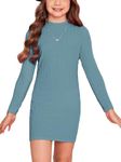 Floerns Girls Long Sleeve Mock Neck Rib Knit Fitted Pencil Dress Dusty Blue 9Y