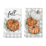 Artoid Mode Orange Buffalo Plaid Eucalyptus Leaves Pumpkins Autumn Kitchen Towels Dish Towels, 42x65 cm Seasonal Fall Decoration Hand Towels Set of 2