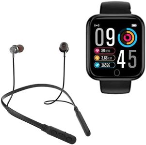 Exxelo (8 Years Warranty Combo Pack of 2 Items - Bluetooth D116 SmartWatch with Heart Rate Monitor, Neckband Bluetooth Wireless Headphones for All Smartphones