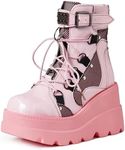 Tscoyuki Platform Ankle Boots for Women Chunky High Heel Booties Goth Round Toe Combat Boots Women Lace Up Motorcycle Wedges, 1-pink, 7