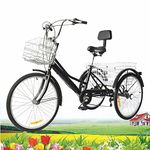 24 Inch Tricycle for Adults with 2 Backet - 3 Wheel Bicycle Adult Trike Bike Height Adjustable Cruiser Trike Cargo Trike with Shopping Basket,Pedal Cycling Bike for Outdoor Sport（Unfoldable, 2 Basket）