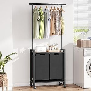 GAOMON Laundry Sorter, Laundry Hamper 2 Section with Hanging Rack, Rolling Laundry Cart on Wheels, Pull-Out and Removable Laundry Basket with Shelf, Rustic Brown and Black