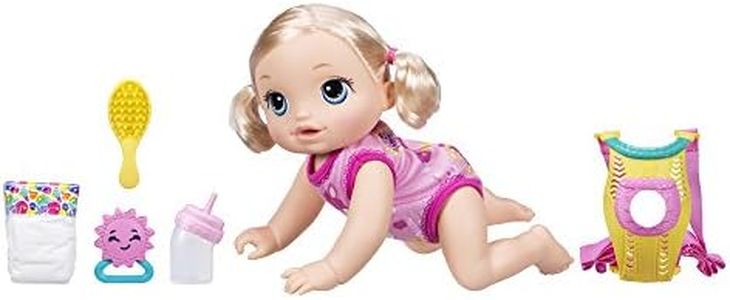 Baby Alive Baby Go Bye Bye Blonde Hair Doll that Talks, Crawls, Drinks, and Wets, with Baby Doll Carrier, for Kids Ages 3 Years Old and Up