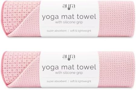 S&T INC. Aura Yoga Mat Towel with Non-Slip Grip, Enhanced Silicone Grip, Soft and Absorbent for Gym, Pilates, and Hot Yoga Mat, 2 Pack, 24 inches x 72 inches, 340GSM, Pink