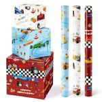 WERNNSAI Race Car Wrapping Paper Rolls - 3 Short Rolls Birthday Wrapping Paper Rolls Racing Birthday Gift Wrap Paper Kids Wrapping Paper Rolls Red Blue White Wrapping Paper with Cut Lines 43 x 305 cm