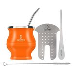 Cuopru Yerba Mate Cup and Bombilla Set - The Yerba Mate set includes a Modern Mate Cup, Yerba Mate Shaper set, Bombilla Mate (straws) and a cleaning brush (Orange)