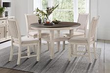 Lexicon Braun 5 Piece Dining Table Set, Dining Room Set for 4, Including 1 Round Kitchen Table with Storage Shelf and 4 Beige Fabric Upholstered Chairs, Antique White/Brown