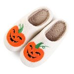 bolukets Halloween Pumpkin Slippers for Women Men Winter Plush Warm Spooky Lantern Slides Fuzzy House Shoes for Indoor Outdoor White Smile Pumpkin 39-40