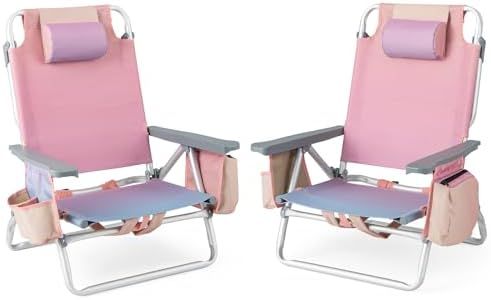 Giantex 2-Pack Folding Beach Chair - Patio Sling Chairs with 5 Adjustable Position, Head Pillow, Storage Bag, Towel Bar, Cup Holders, Fishing Backpack Lawn Chairs for Sunbathing, Camping Chair, Pink
