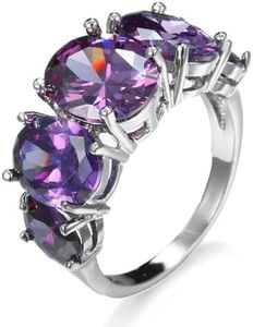 Narica Silver Plated 5-Stones Oval Cut Brilliant Created Amethyst CZ Cubic Zirconia Filled Eternity Halo Cocktail Party Wedding Engagement Proposal Band Women's Ring for Mom Bridal Lover 8#