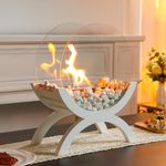 JHY DESIGN Round Large Tabletop Fireplace Table Top Firepit 43cm H Fire Bowl Pot Assembly Base Clean Burning Bio Ethanol Ventless Fireplace for Indoor Outdoor Patio Parties Events (White Wooden Base)