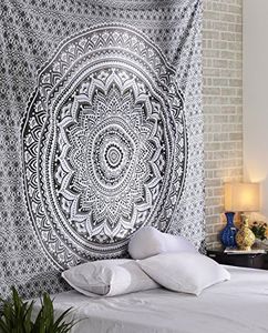 RAJRANG Large Mandala Tapestry for Bedroom and Living Room Wall Hanging Cotton Tapestries (Grey and White, Ombre, 90x84 Inch, Queen Size)