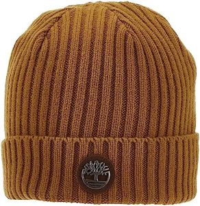 Timberland Mens Ribbed Watch Cap with Logo Plate, Wheat, One Size