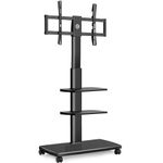 FITUEYES TV Stand on Wheels with 20mm Wood Base for 32-70 Inch, 60° Swivel & 6 Height Adjustable Mobile TV Stand Trolley TV Cart, Tall Floor TV Stand with 3 Shelves, Max. VESA 600x400mm Holds 40kg