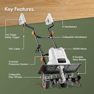 VonHaus 1500W Electric Garden Tiller – 6 Steel Blades, 450mm Width