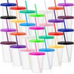 28 Packs 16 oz Plastic Tumbler with Straw and Lid Bulk Water Bottle Iced Coffee Travel Mug Cup Reusable Plastic Cups for Water Smoothie Party Birthday (16OZ)