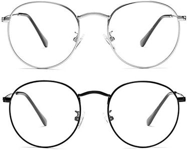 Braylenz Vintage Round Metal Glasses Frame with Clear Lens, 2 Pack Women Men Non-Prescription Eyeglasses(Silver+Black)
